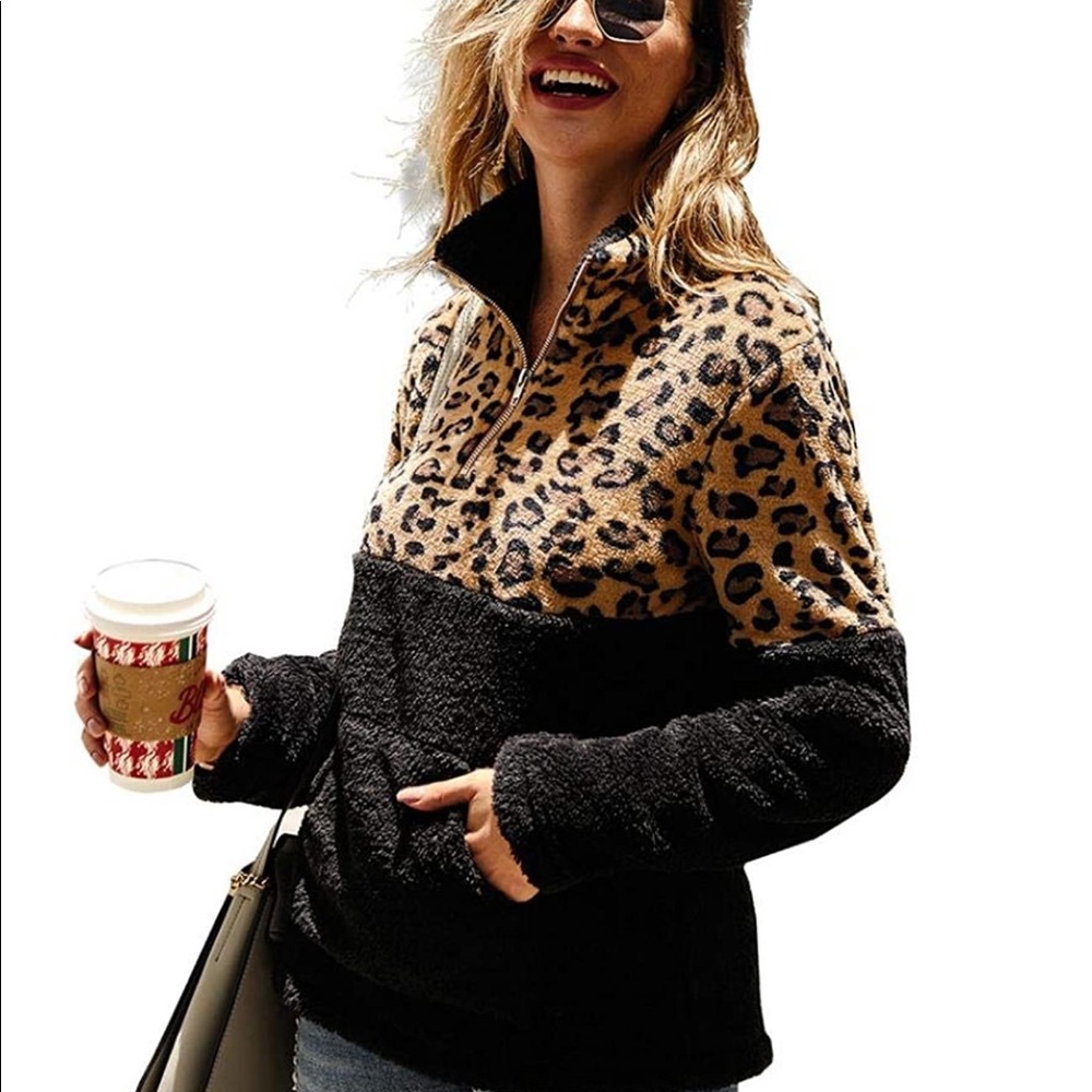 Black color block Leopard Print Sherpa Pullover
